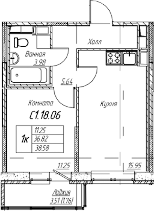 1-комнатная квартира 38.58 м², 18/22 эт., ЖК «Парк-квартал Юнтолово»